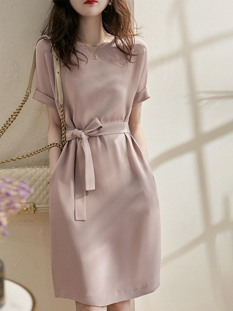 シルク調 てろんと感 リボン 半袖 ワンピース