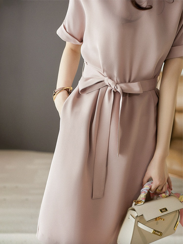 シルク調 てろんと感 リボン 半袖 ワンピース