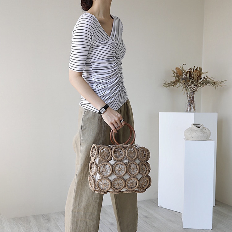 巾着付き 上品な模様編み かごバッグ