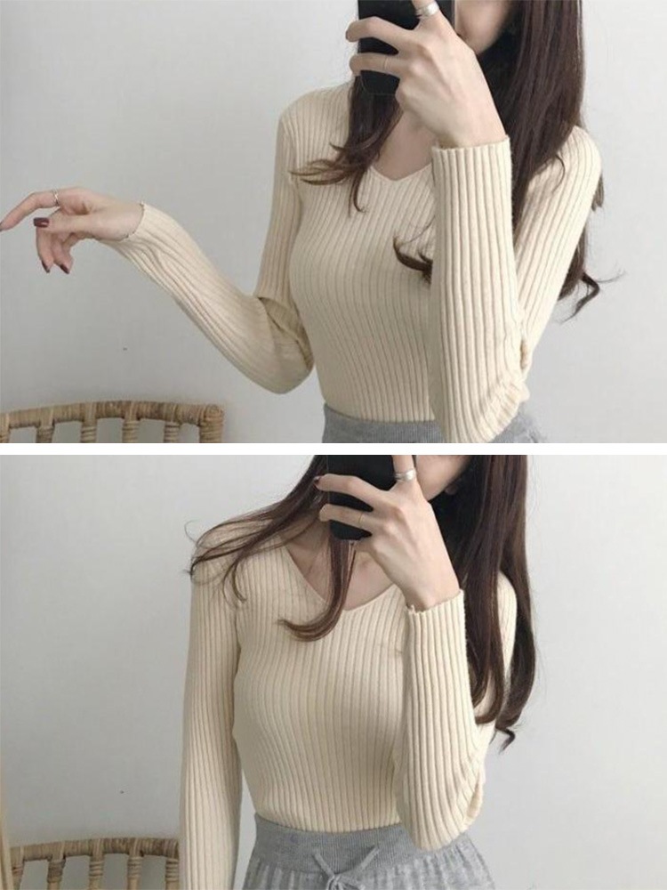 シンプル Vネック 長袖 リブ編み ニット トップス