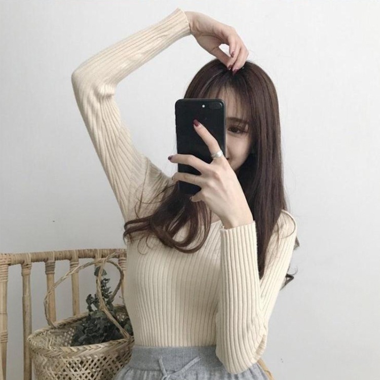 シンプル Vネック 長袖 リブ編み ニット トップス