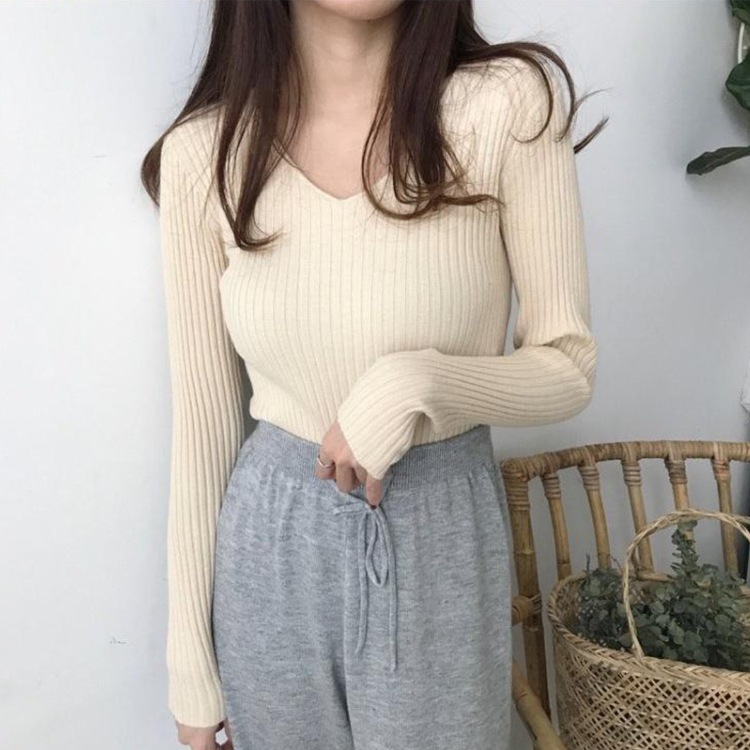 シンプル Vネック 長袖 リブ編み ニット トップス