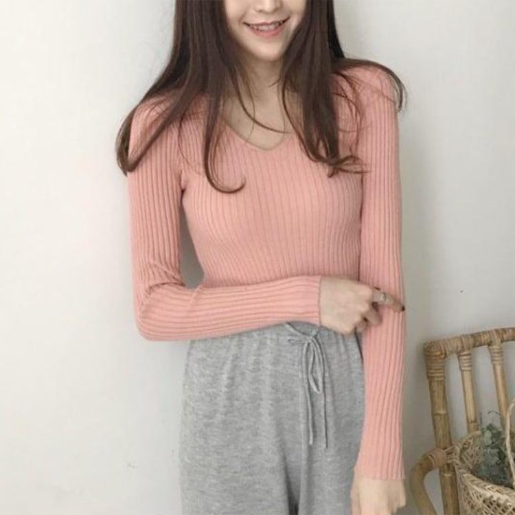 シンプル Vネック 長袖 リブ編み ニット トップス