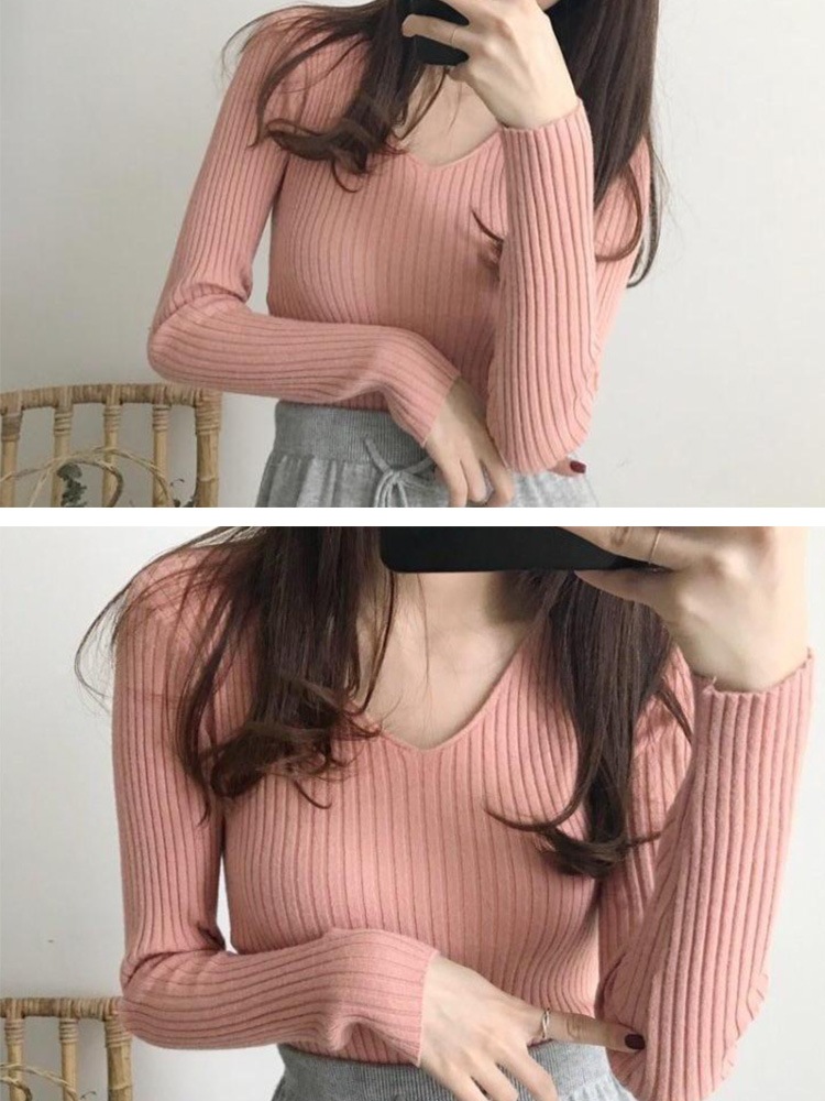 シンプル Vネック 長袖 リブ編み ニット トップス