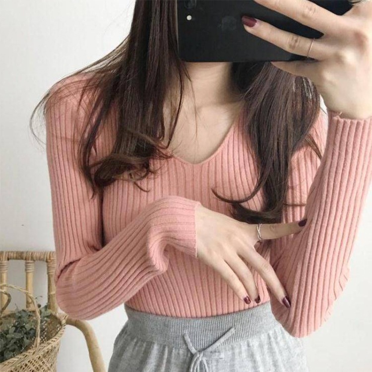 シンプル Vネック 長袖 リブ編み ニット トップス