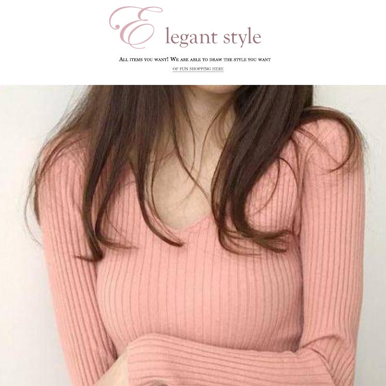 シンプル Vネック 長袖 リブ編み ニット トップス