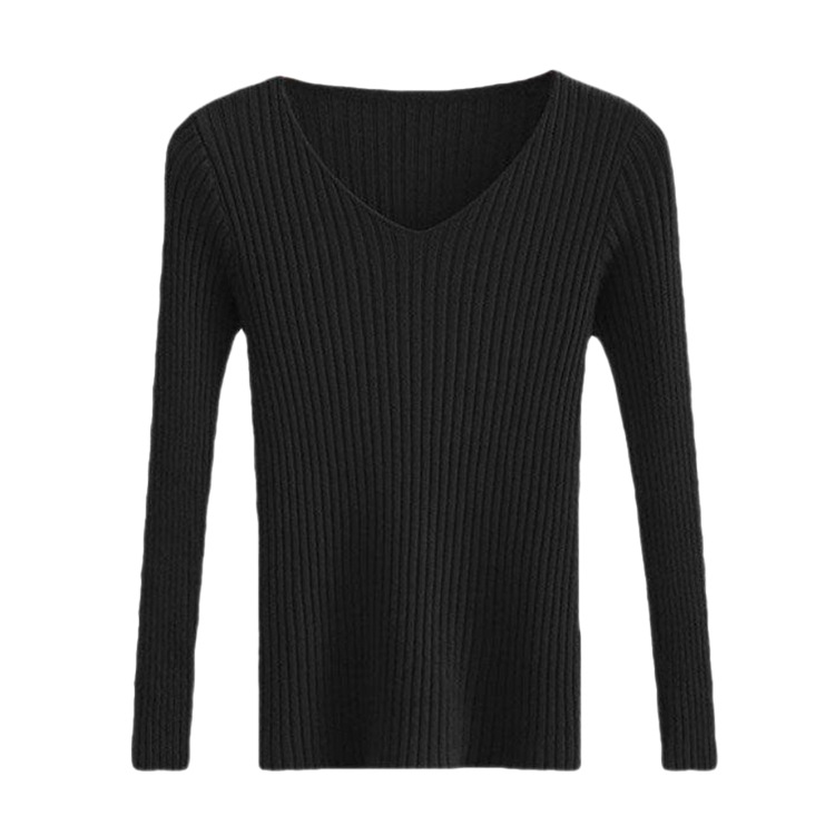 シンプル Vネック 長袖 リブ編み ニット トップス