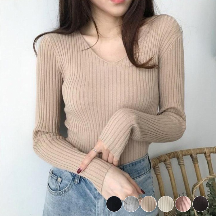 シンプル Vネック 長袖 リブ編み ニット トップス