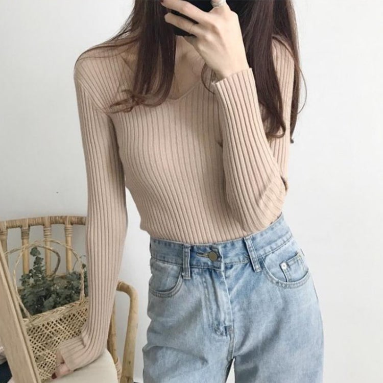 シンプル Vネック 長袖 リブ編み ニット トップス