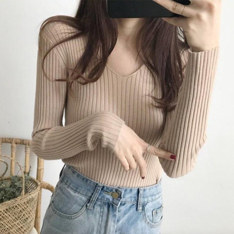 シンプル Vネック 長袖 リブ編み ニット トップス