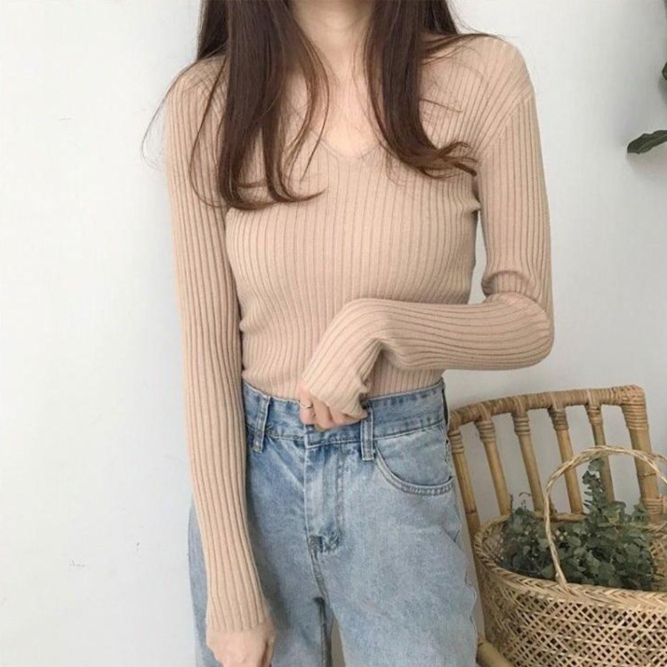 シンプル Vネック 長袖 リブ編み ニット トップス