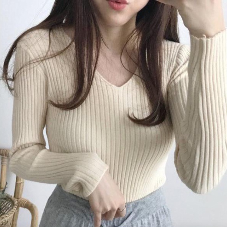 シンプル Vネック 長袖 リブ編み ニット トップス