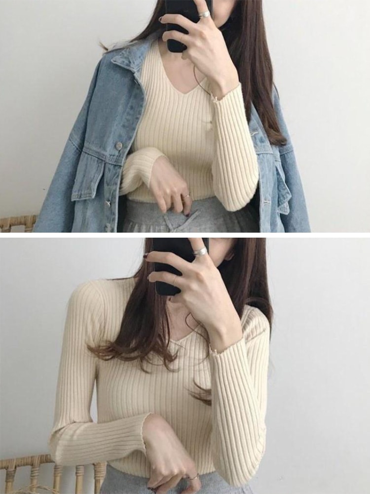 シンプル Vネック 長袖 リブ編み ニット トップス