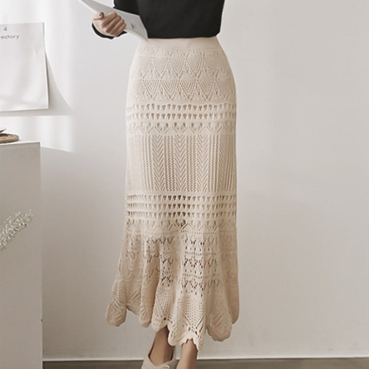 S-XL かぎ編み ニット シースルー ロングスカート