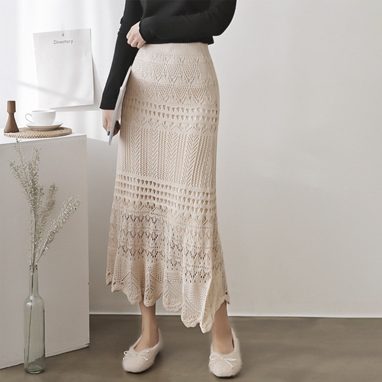 S-XL かぎ編み ニット シースルー ロングスカート