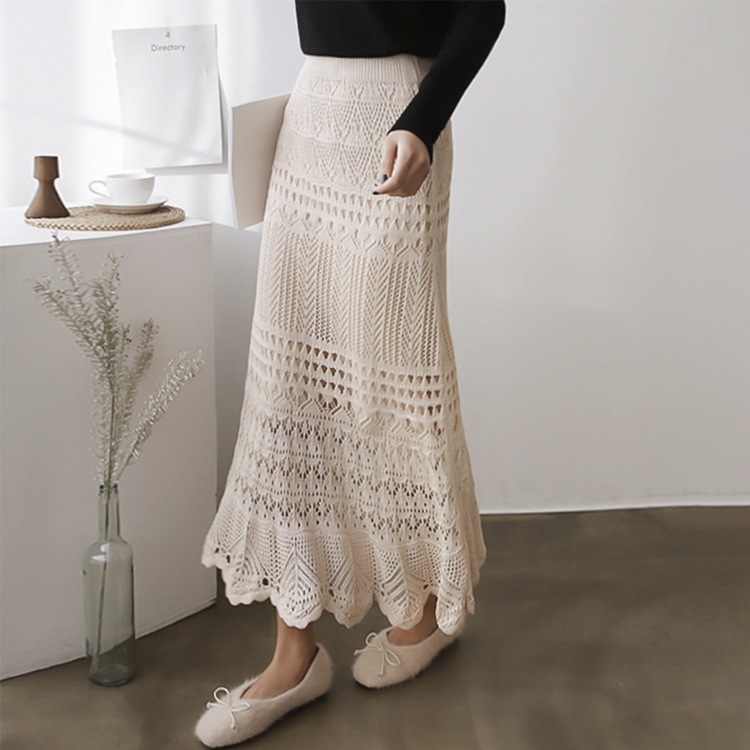 S-XL かぎ編み ニット シースルー ロングスカート