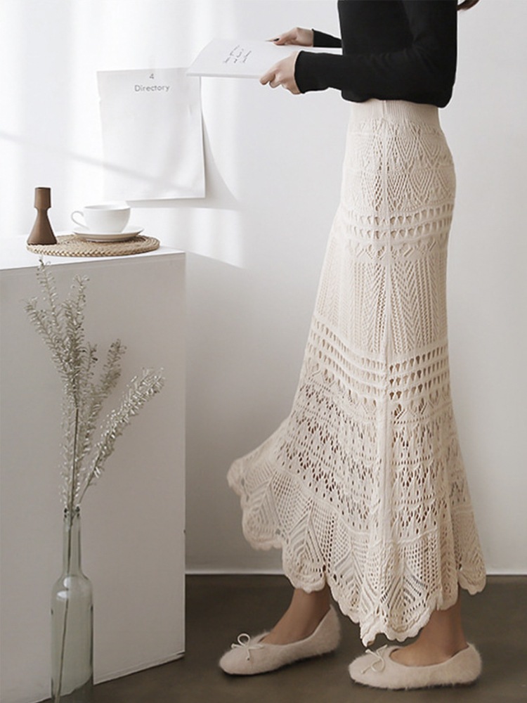 S-XL かぎ編み ニット シースルー ロングスカート