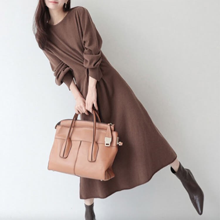 アンシンメトリーギャザー ロング丈 ニットワンピース