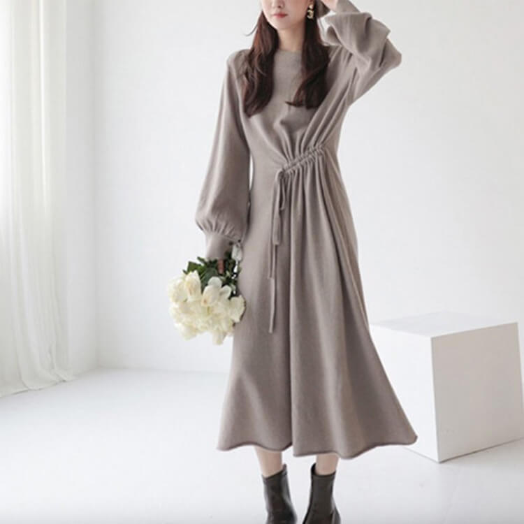 アンシンメトリーギャザー ロング丈 ニットワンピース