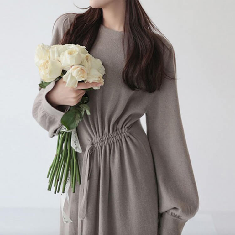 アンシンメトリーギャザー ロング丈 ニットワンピース