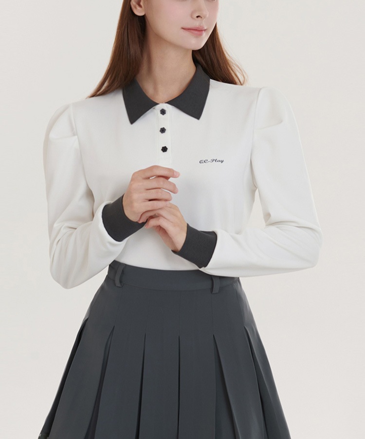 花形ボタン 配色 バイカラー 長袖 ポロシャツ 

