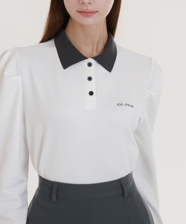 花形ボタン 配色 バイカラー 長袖 ポロシャツ 

