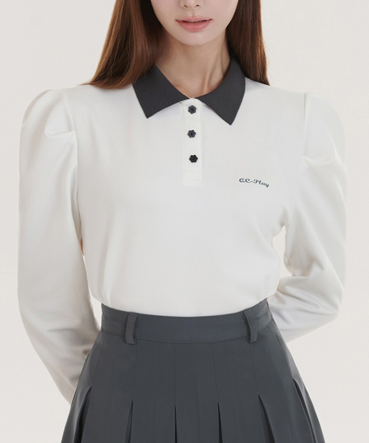 花形ボタン 配色 バイカラー 長袖 ポロシャツ 

