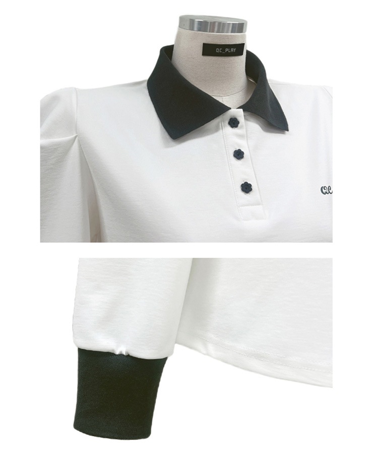 花形ボタン 配色 バイカラー 長袖 ポロシャツ 

