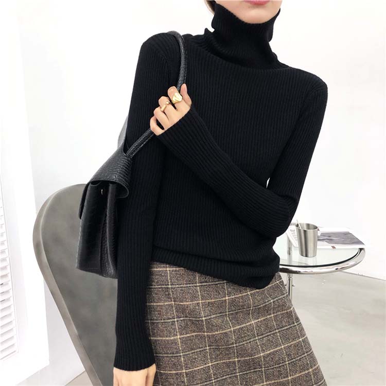 シンプル タートルネック リブニット トップス