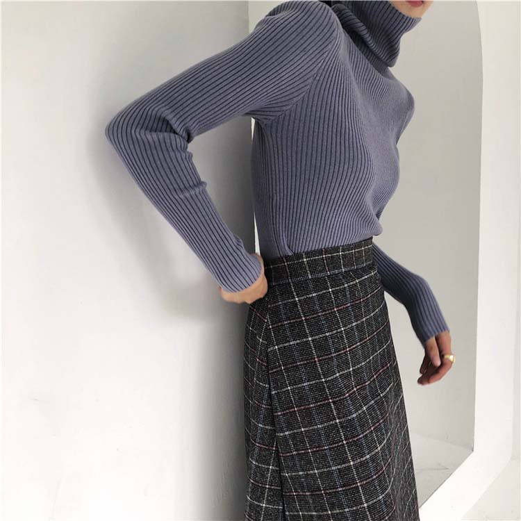 シンプル タートルネック リブニット トップス