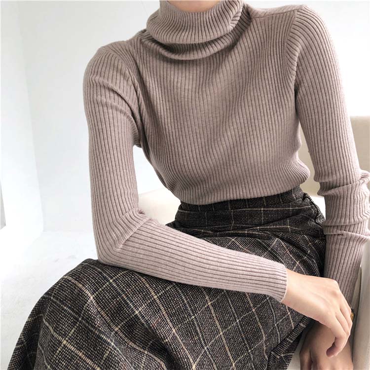 シンプル タートルネック リブニット トップス