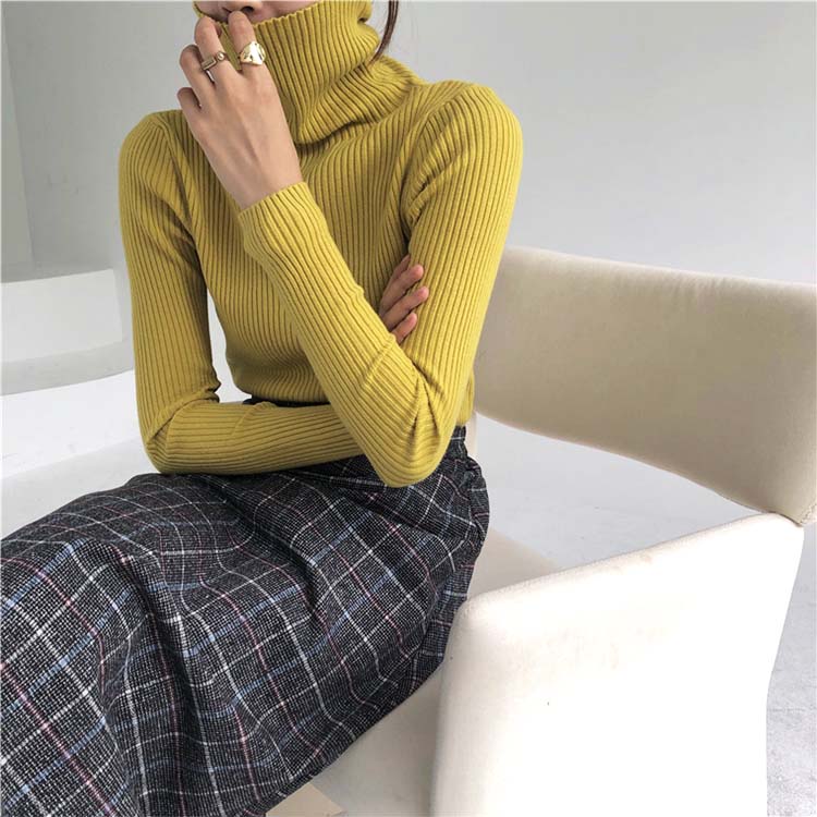 シンプル タートルネック リブニット トップス