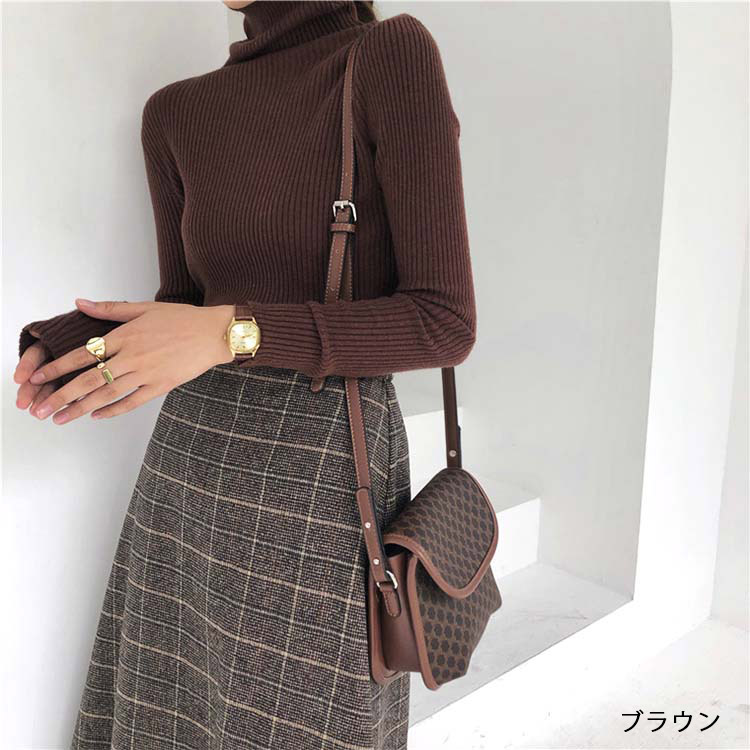 シンプル タートルネック リブニット トップス
