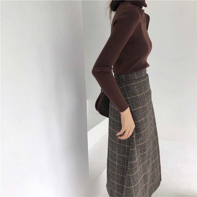 シンプル タートルネック リブニット トップス