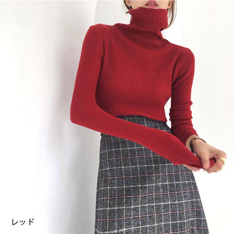 シンプル タートルネック リブニット トップス