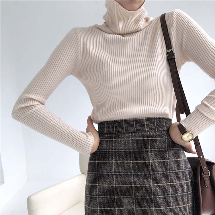 シンプル タートルネック リブニット トップス