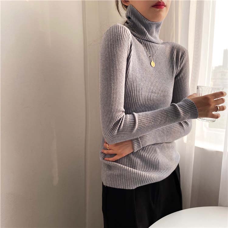 シンプル タートルネック リブニット トップス