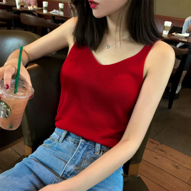 Vネック 薄手ニット ノースリーブ タンクトップ トップス | レディース