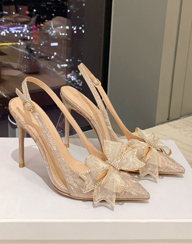 華やか リボン×ビジュー キラキラ ピンヒール サンダル