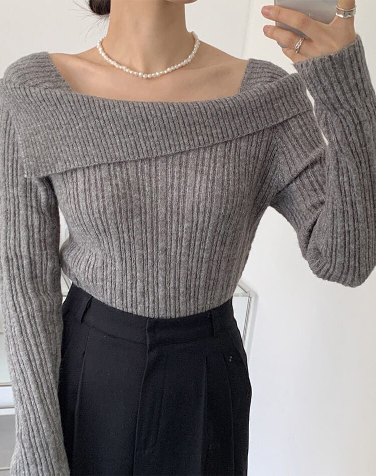 折り返し襟 スラッシュドネック ニットトップス