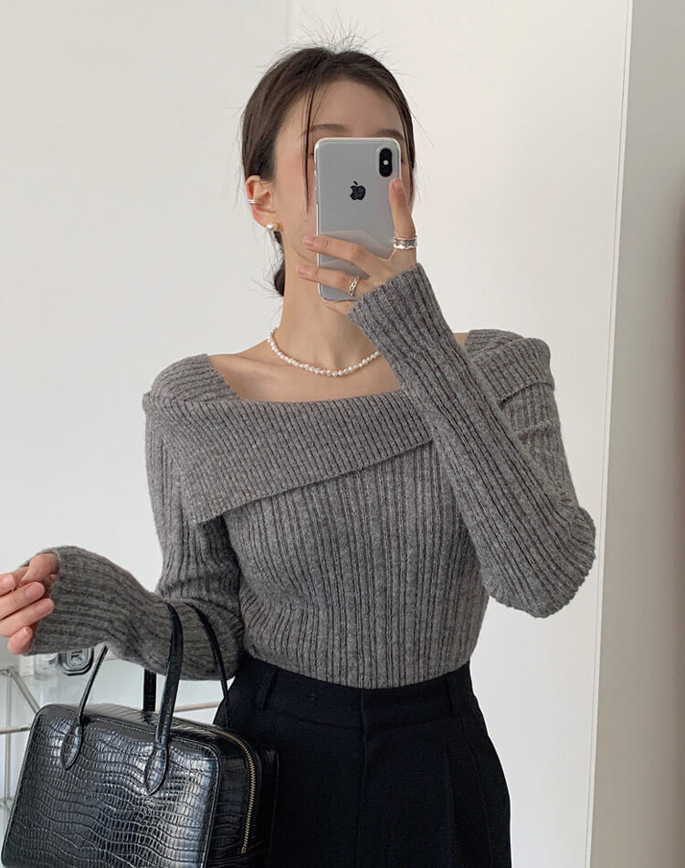 折り返し襟 スラッシュドネック ニットトップス