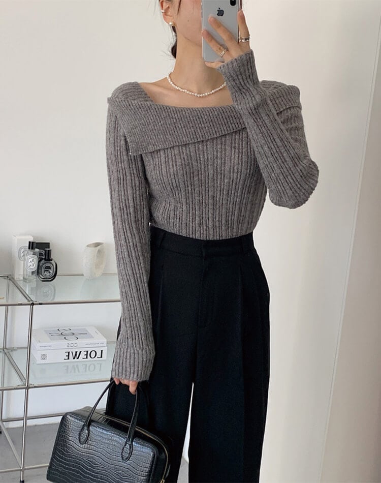 折り返し襟 スラッシュドネック ニットトップス