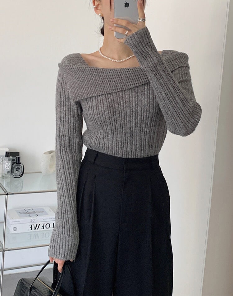 折り返し襟 スラッシュドネック ニットトップス