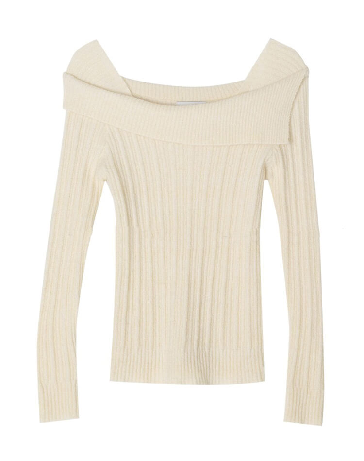 折り返し襟 スラッシュドネック ニットトップス