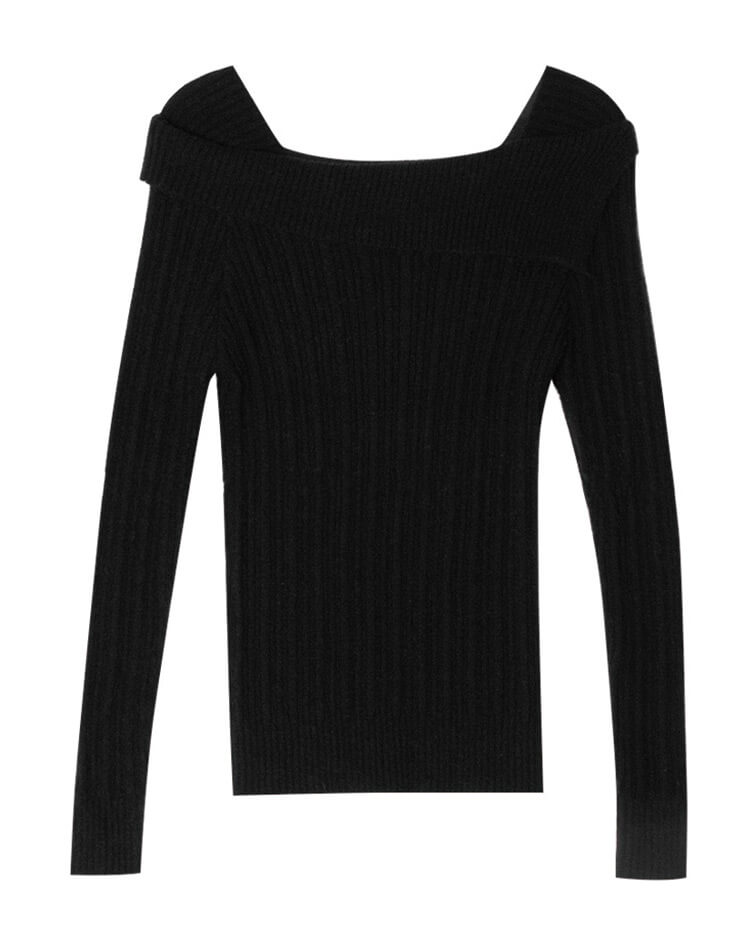 折り返し襟 スラッシュドネック ニットトップス