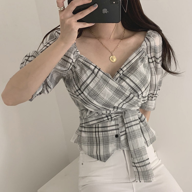ウエストリボン Vネック チェック柄 ブラウス