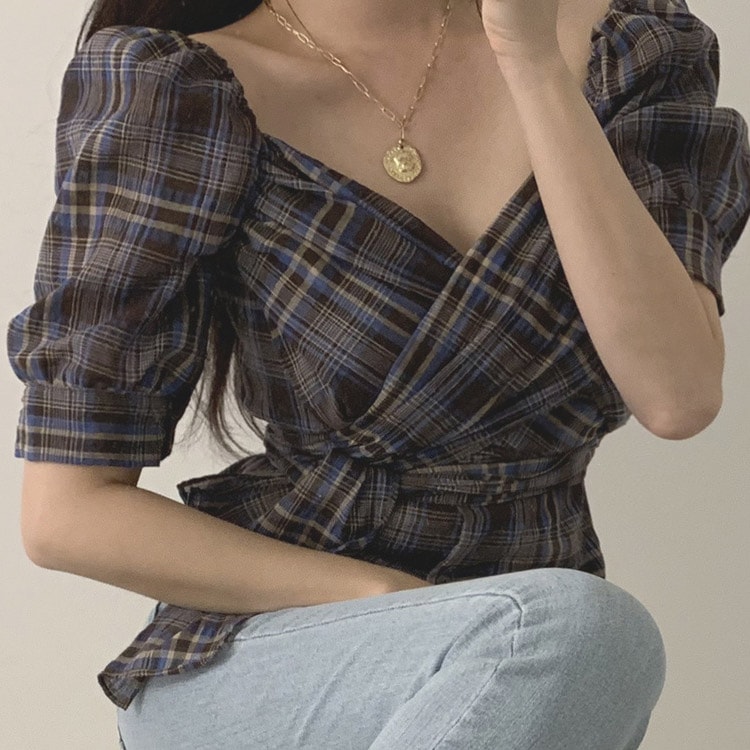 ウエストリボン Vネック チェック柄 ブラウス