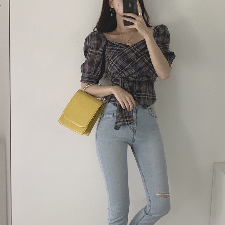 ウエストリボン Vネック チェック柄 ブラウス