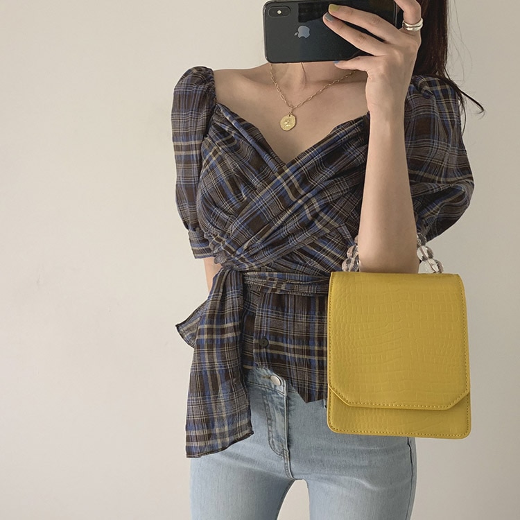 ウエストリボン Vネック チェック柄 ブラウス