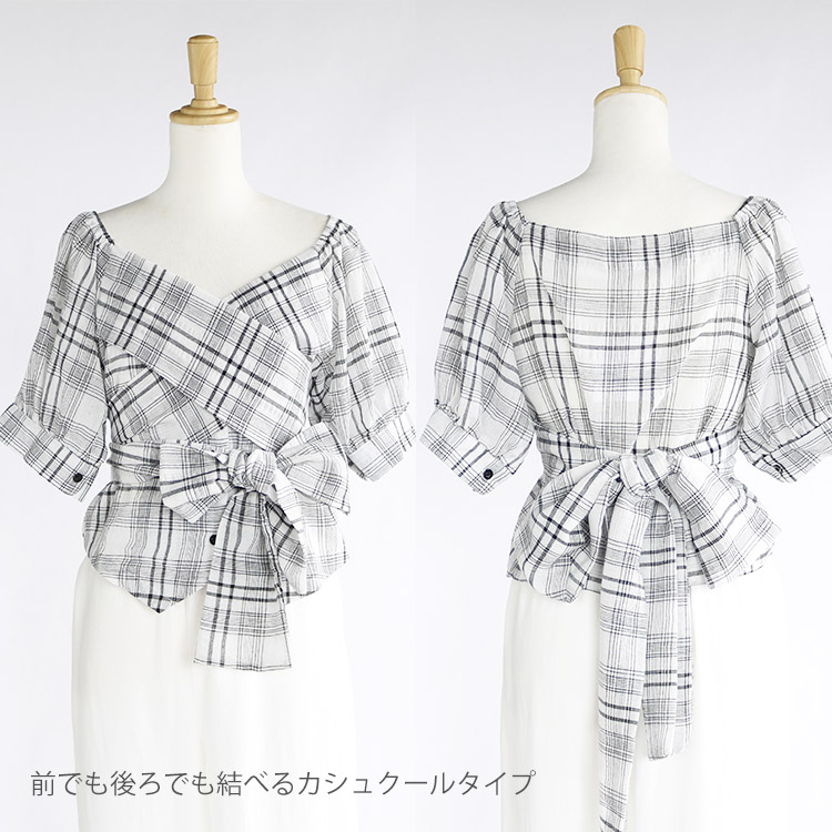 ウエストリボン Vネック チェック柄 ブラウス
